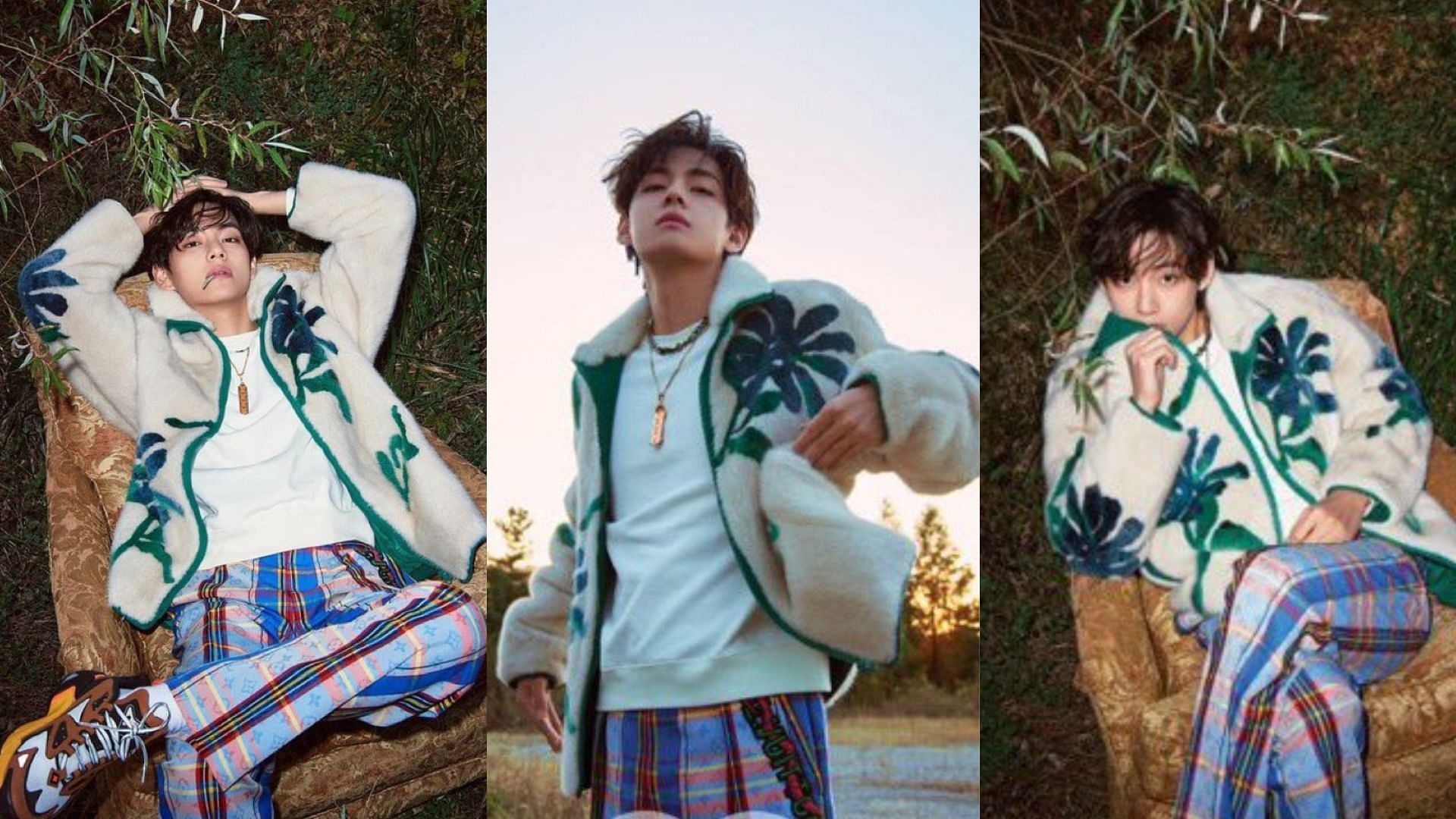 V looking debonair in his oversized floral jacket (Images via Vogue and GQ)