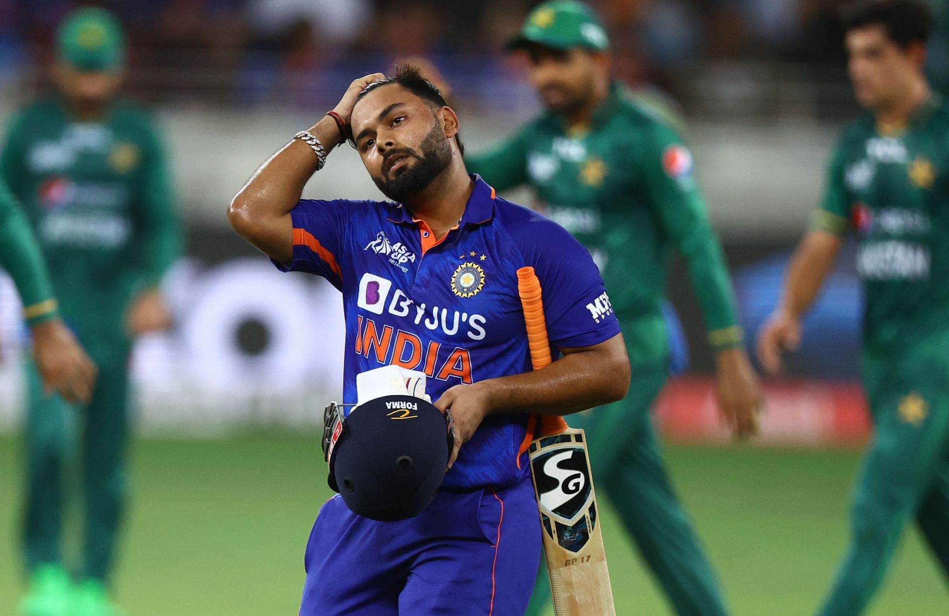 A dejected Rishabh Pant walks back after being dismissed against Pakistan in the Asia Cup. Pic: Getty Images