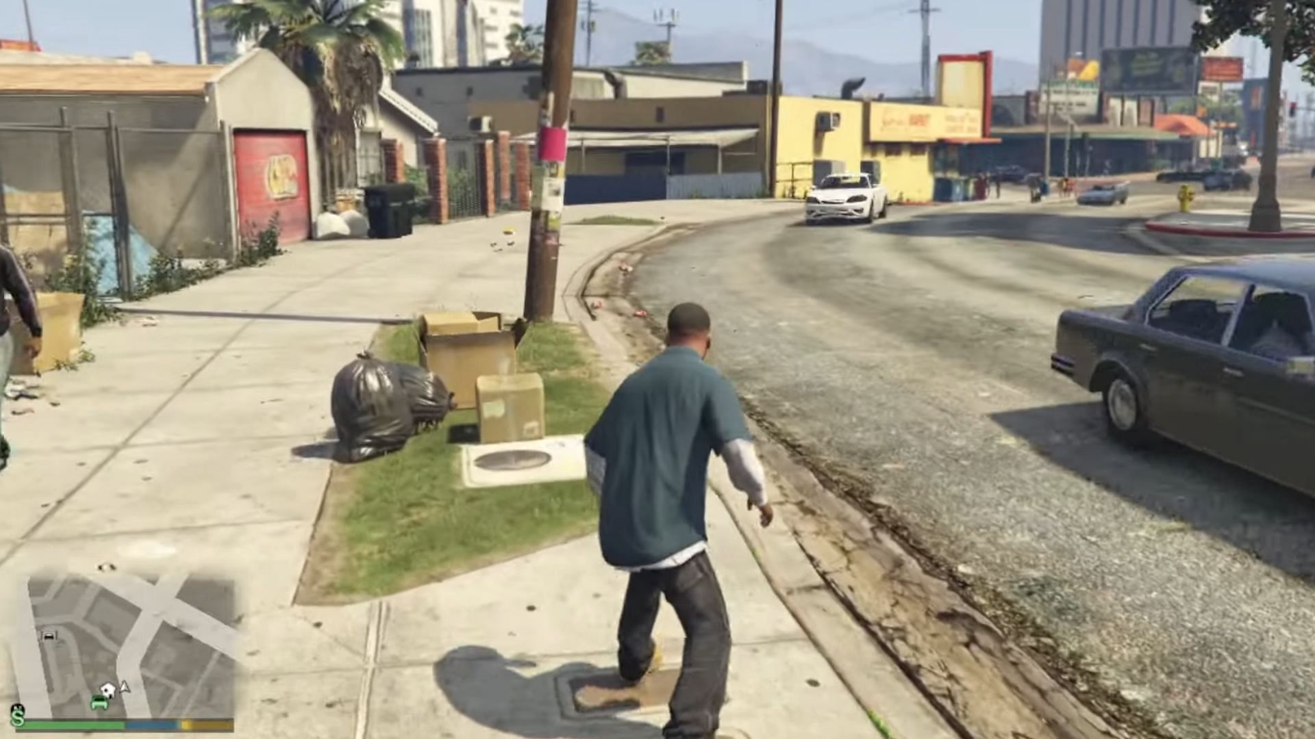 This was as low as the GTA 5 protagonists could go with the default crouch and no cover (Image via Rockstar Games)