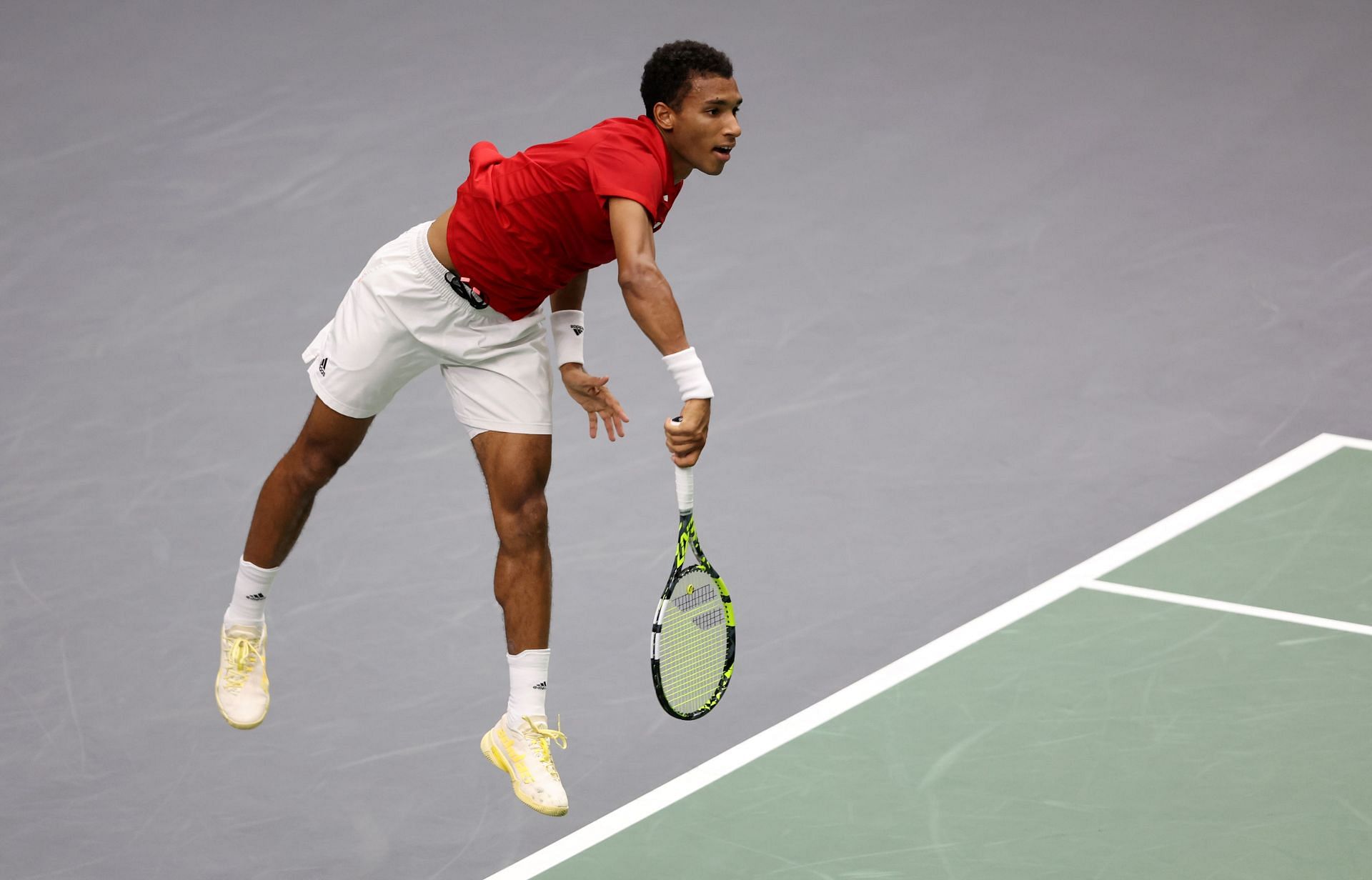 Felix Auger Aliassime in action during Canada's Davis Cup tie against Spain.