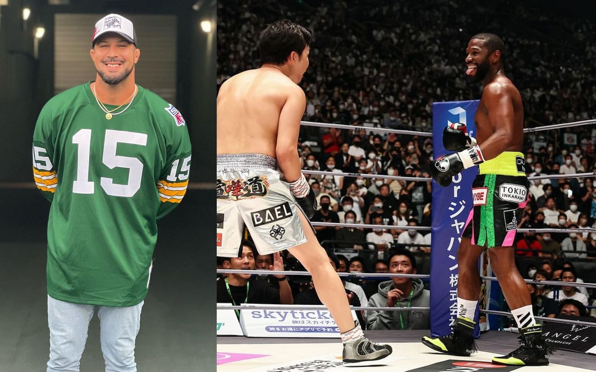 Brendan Schaub (Left) and Floyd Mayweather vs Mikuru Asakura (Right) [Images via @brendanschaub and @rizin_pr on Instagram]