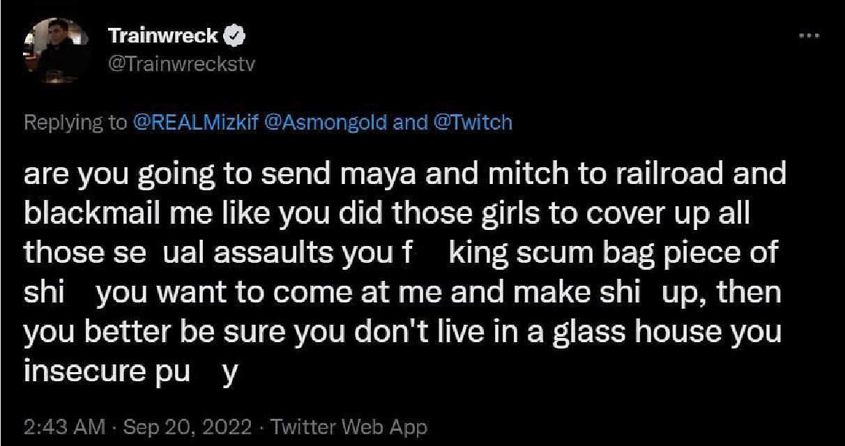 Trainwreckstv tweets serious accusations against Mizkif (Image via Twitter)