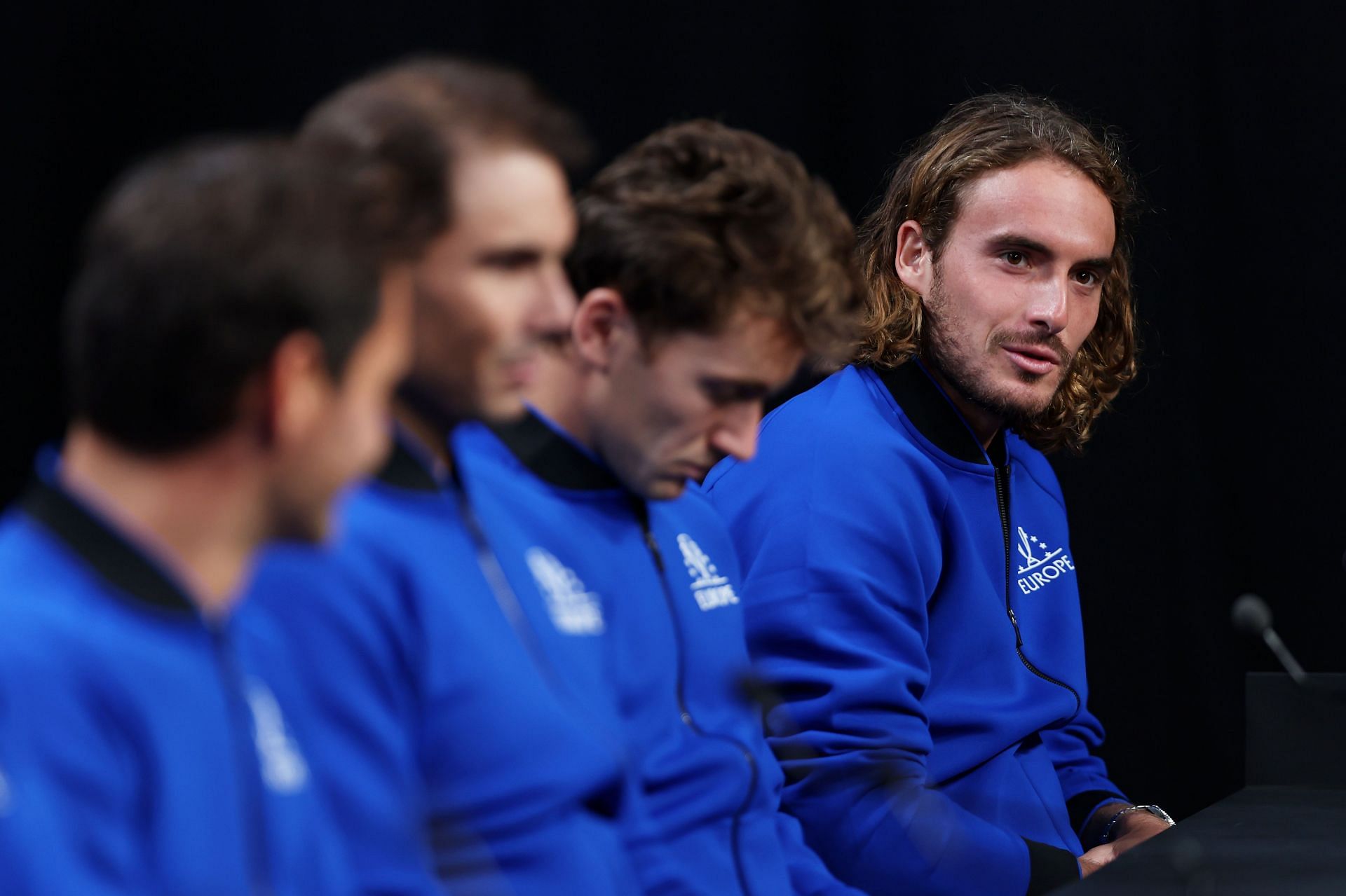 Stefanos Tsitsipas speaks to the media at the Laver Cup 2022.