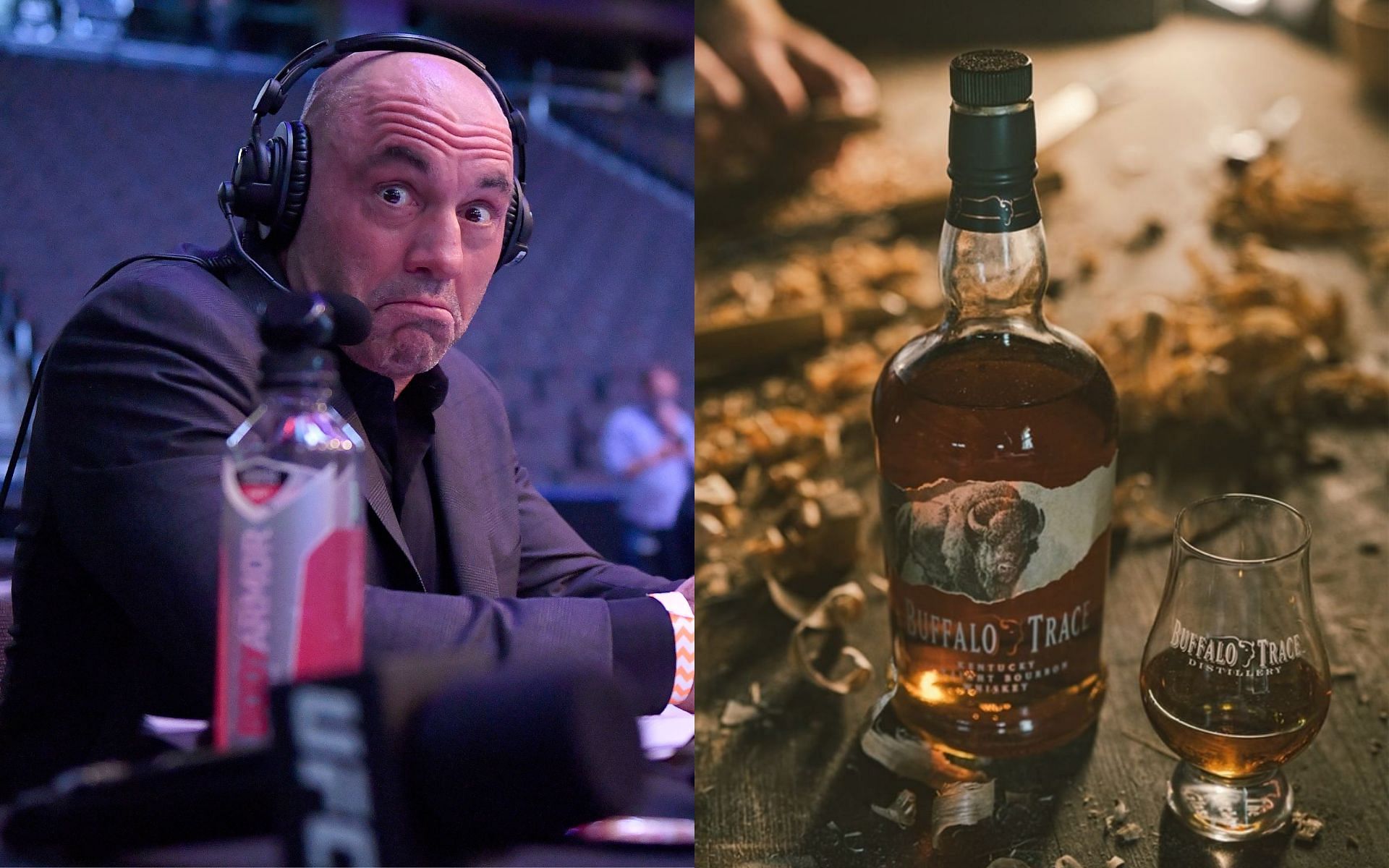 Joe Rogan (left) Buffalo Trace whiskey (left) (image courtesy @buffalotraceie Instagram)