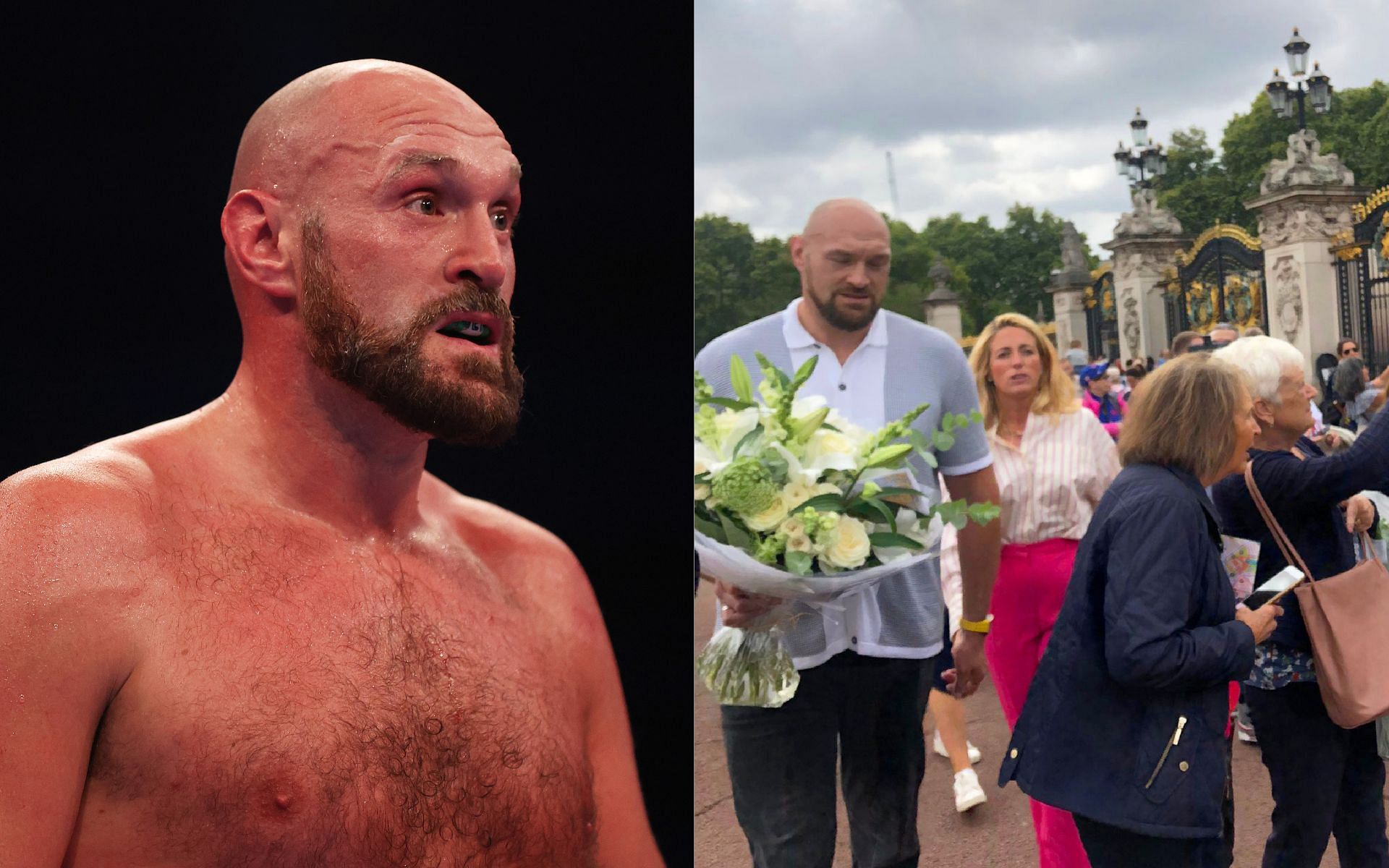Tyson Fury (left) and Tyson Fury with Paris Fury at Buckingham Palace (right) (Image credits Getty Images and @michaelbenson on Twitter)
