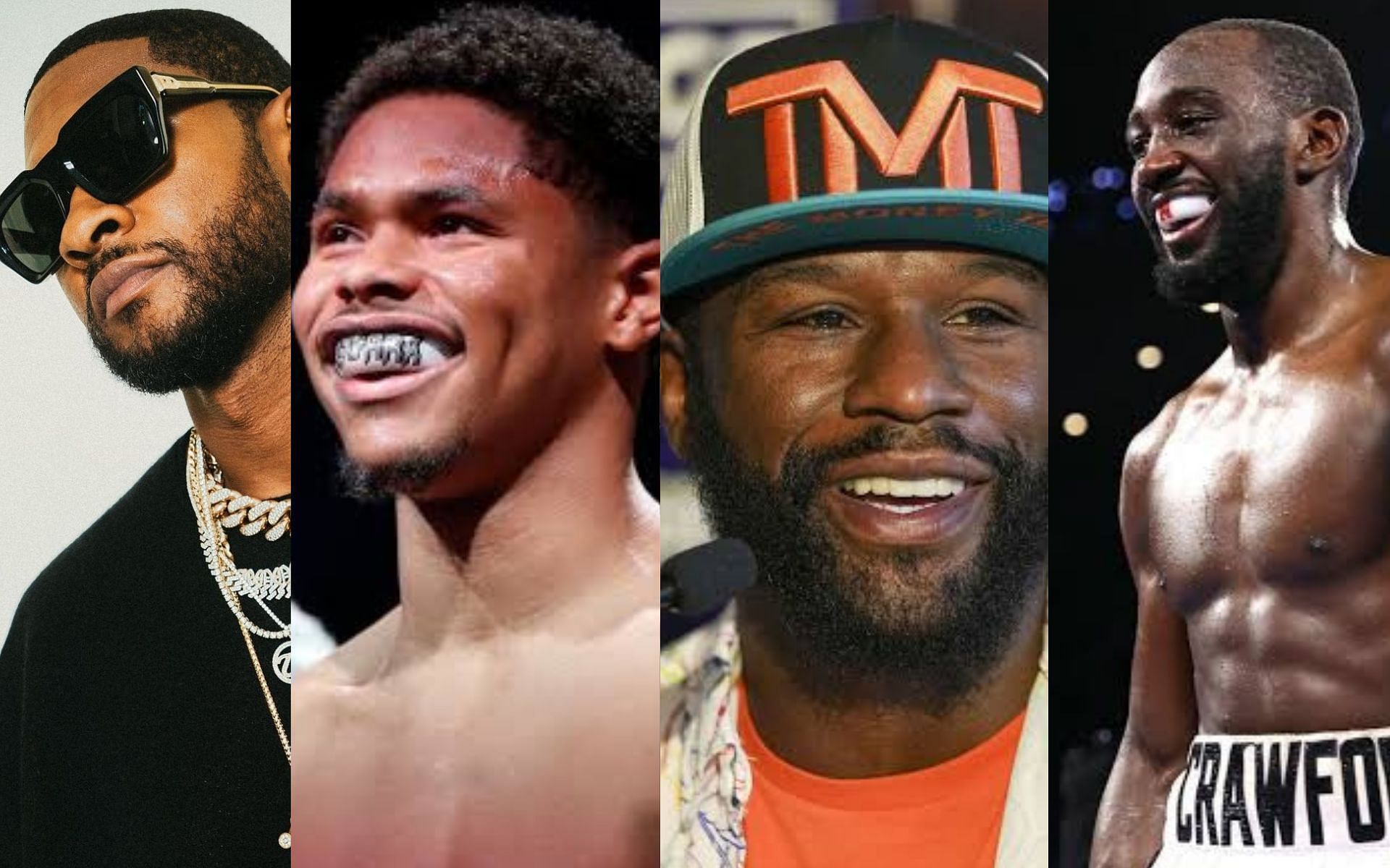 Usher, Shakur Stevenson, Floyd Mayweather, and Terrence Crawford (from left to right).