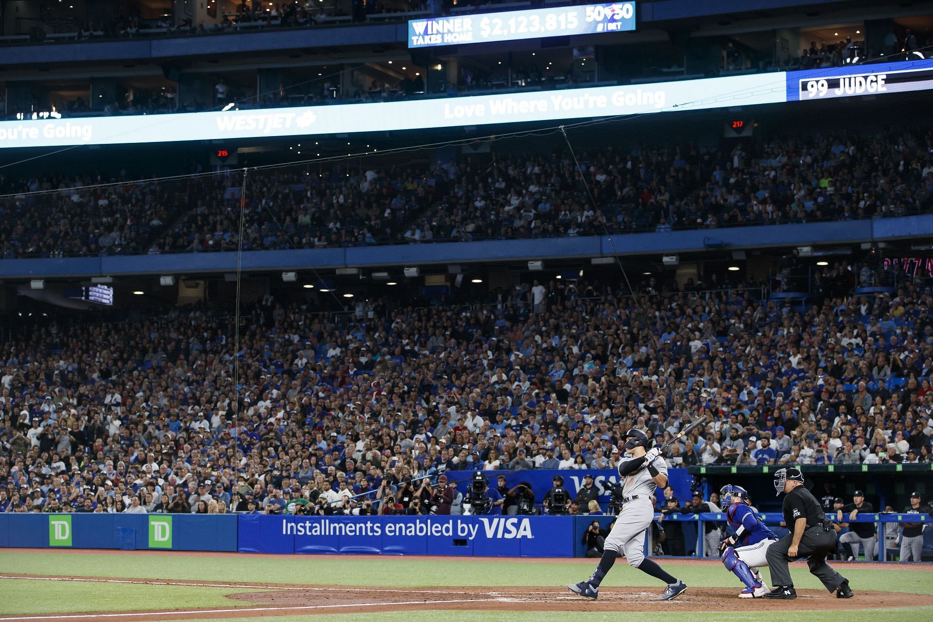 New York Yankees v Toronto Blue Jays - Judge looks skyward as he belts his 61st home run of the 2022 season
