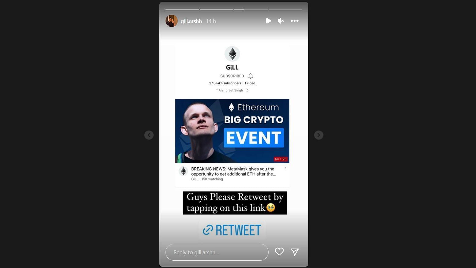 Snippet showing Gill&#039;s recent Instagram story highlighting his channel getting hacked (Image via Instagram)