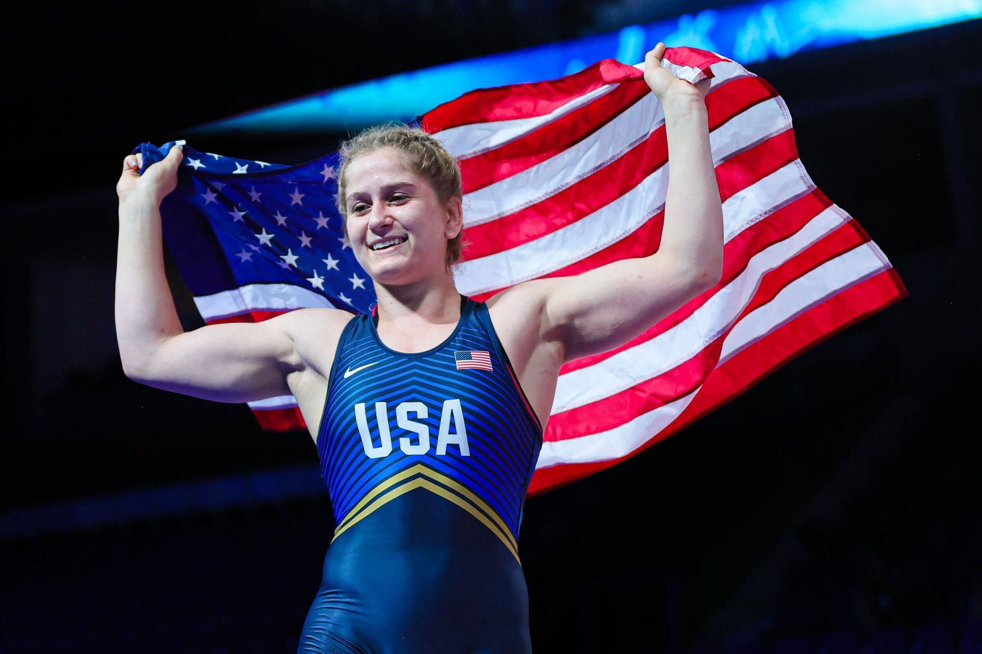 US teenage wrestler Amit Elor celebrated her victory in style at the Belgrade World Wrestling Championships. Photo credit UWW 