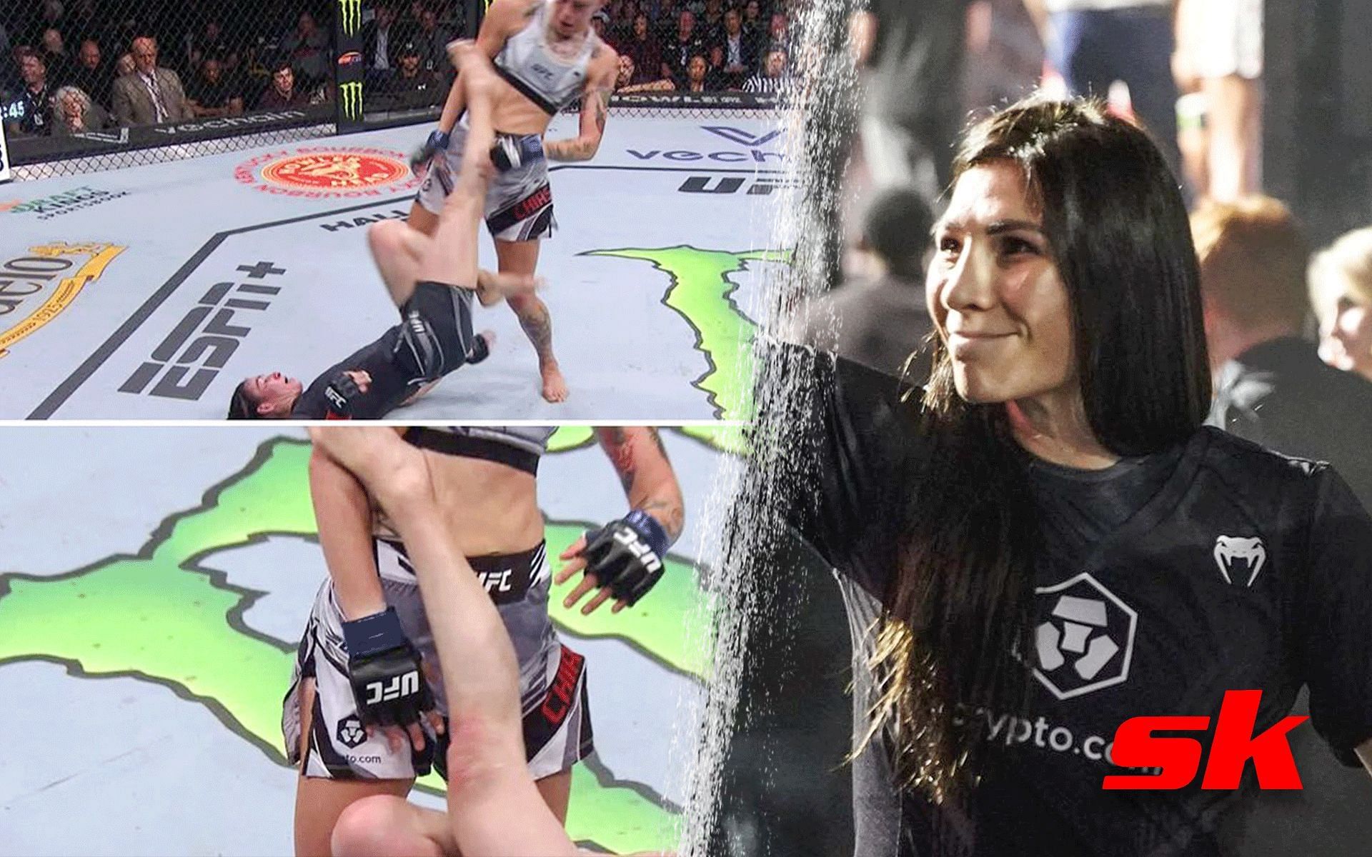 Irene Aldana (right) knocks out Macy Chiasson at UFC 279 (left). [Images courtesy: left image from Twitter @MMAIndiaShow, right image from Instagram @irene.aldana]