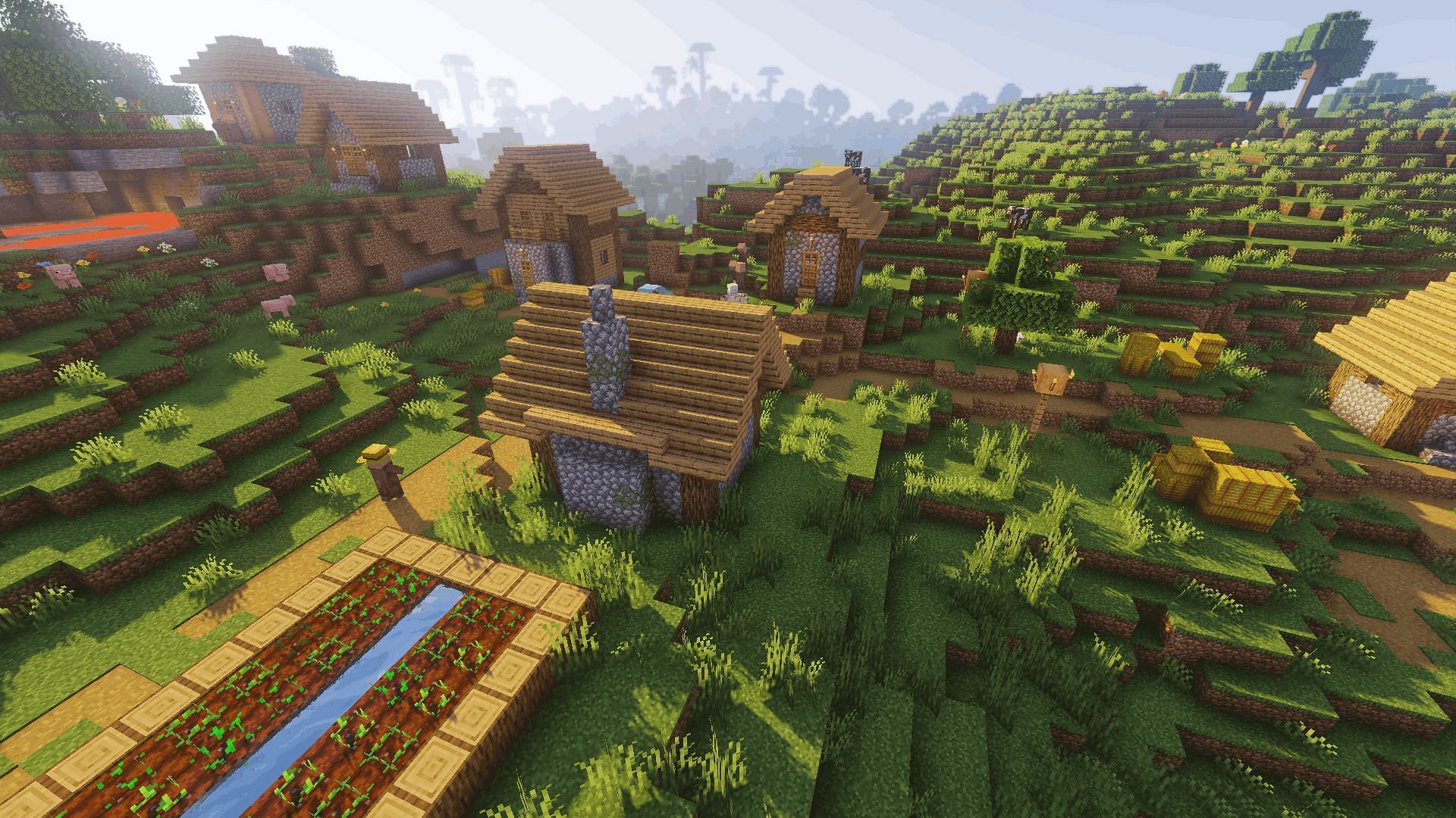 A plains village with the Too Many Effects shader applied (Image via Minecraft)