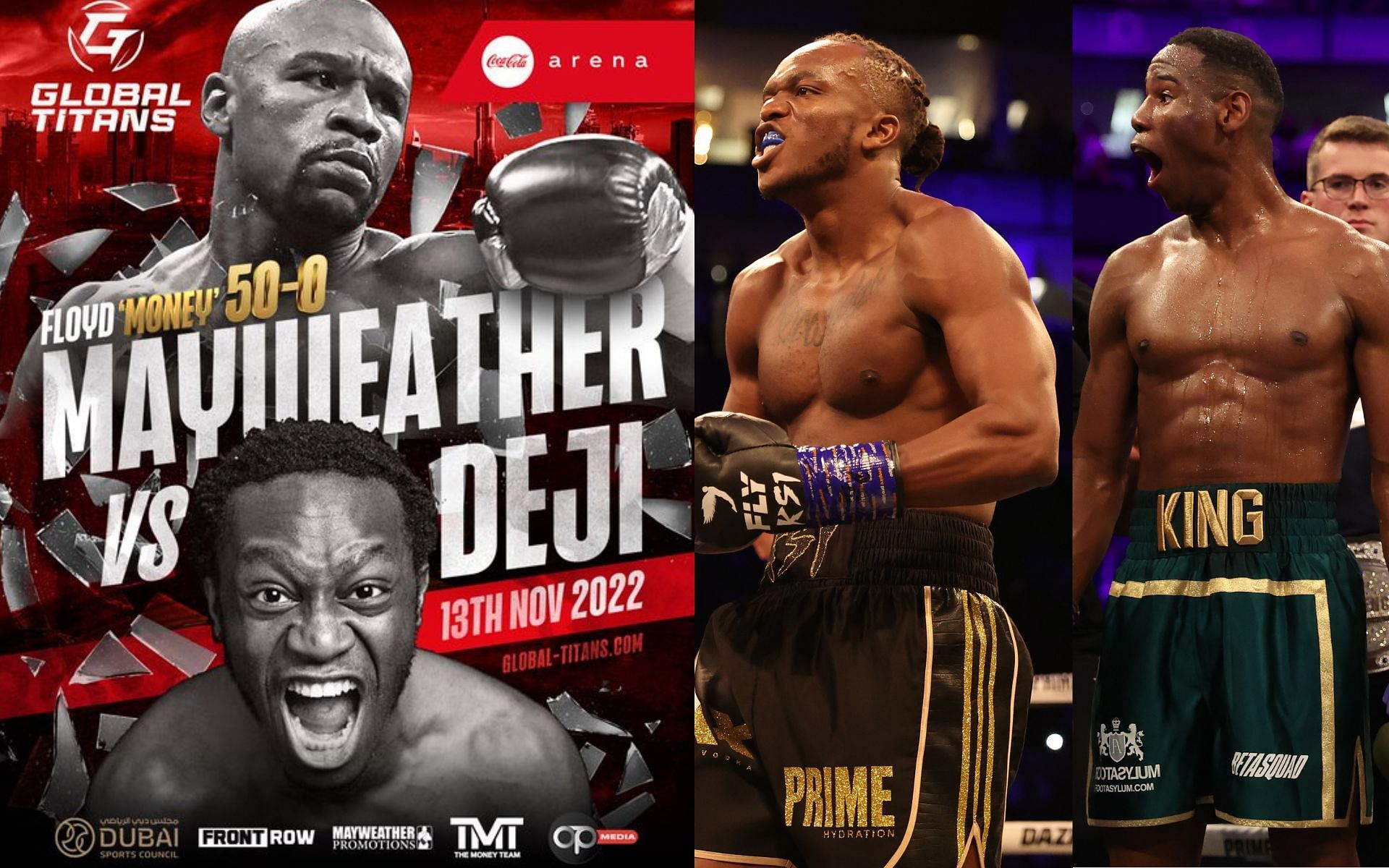 Floyd Mayweather vs. Deji fight announcement poster (left) and KSI next to King Kenny (right) (Image credits Getty Images and @Deji on Twitter))
