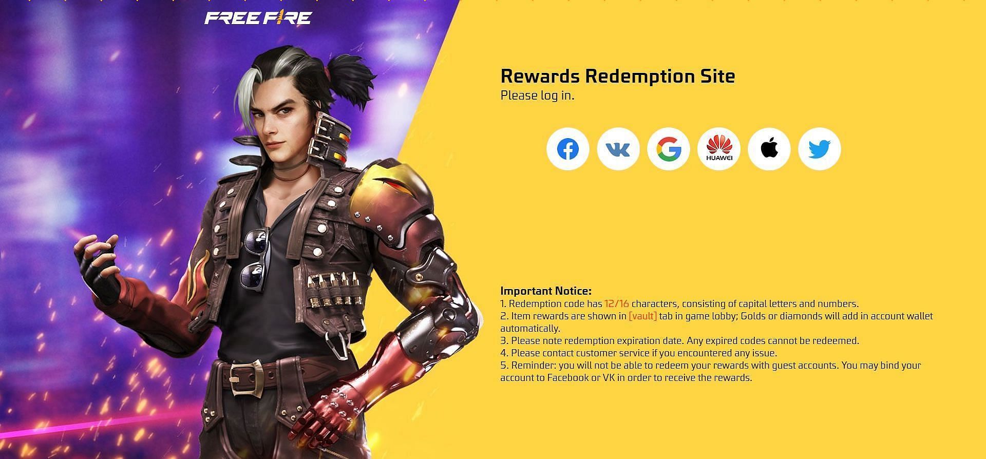 The Free Fire rewards redemption site (Image via Garena)