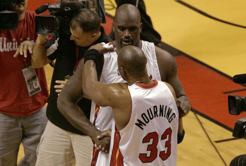 Alonzo Mourning of the Miami Heat expresses his emotion against