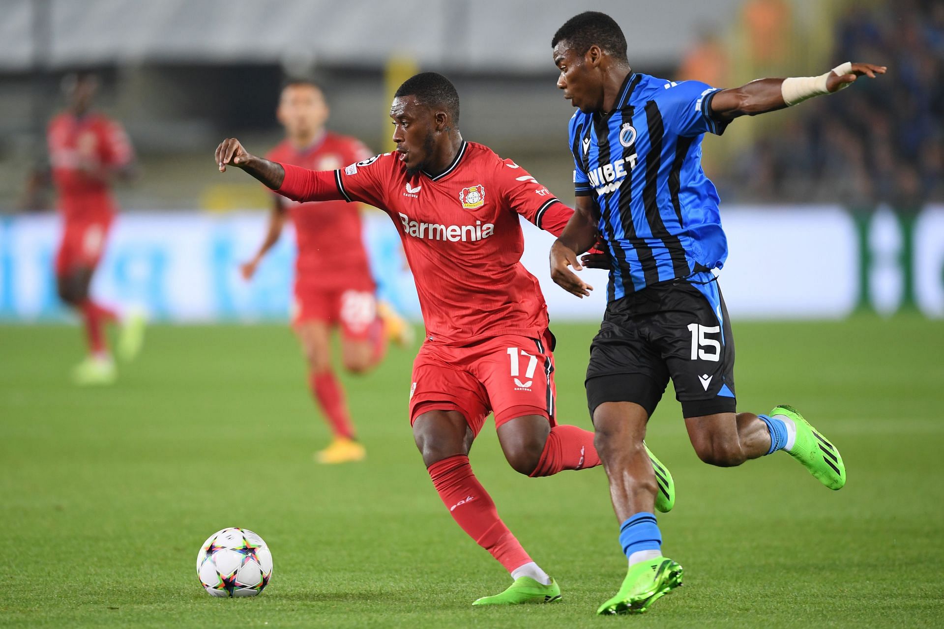 Club Brugge midfielder Raphael Onyedika (right) in action in the UEFA Champions League