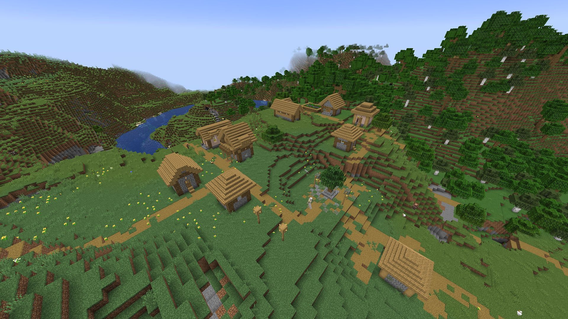 Plains Village near a lake and island in Minecraft (Image via Mojang)