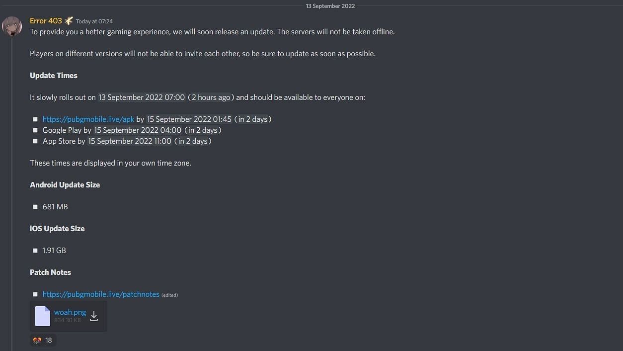 A screenshot showing the official announcement of PUBG Mobile&#039;s 2.2 update (Image via Discord)