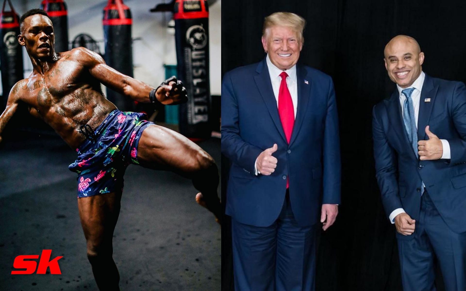 Israel Adesanya (left - via @stylebender on IG), Donald Trump and Ali Abdelaziz (right - via Dominance MMA)