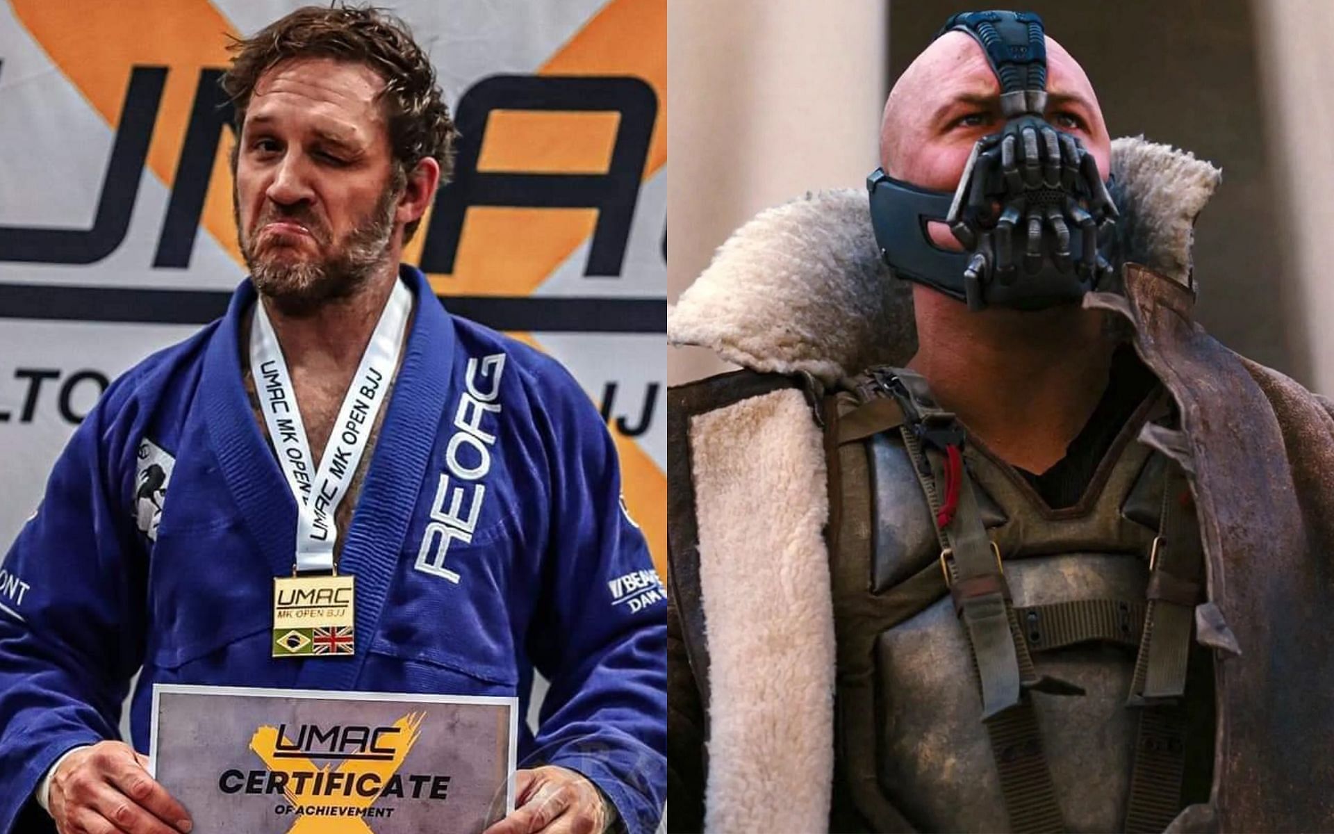 Tom Hardy (Left), Tom Hardy as Bane (Right) [Image courtesy: @caradossports and @DCComicsARG on Twitter]