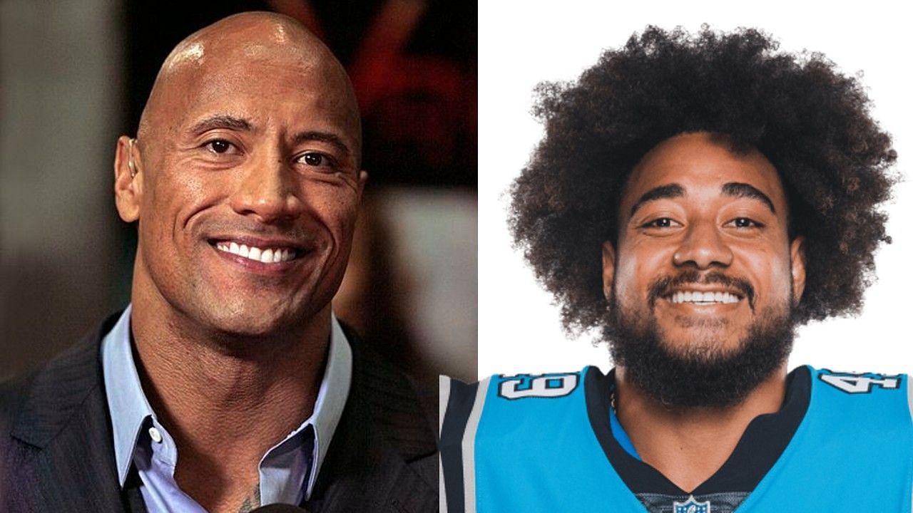 Dwayne &quot;The Rock&quot; Johnson (left) and Carolina Panthers linebacker Frankie Luvu (right). 