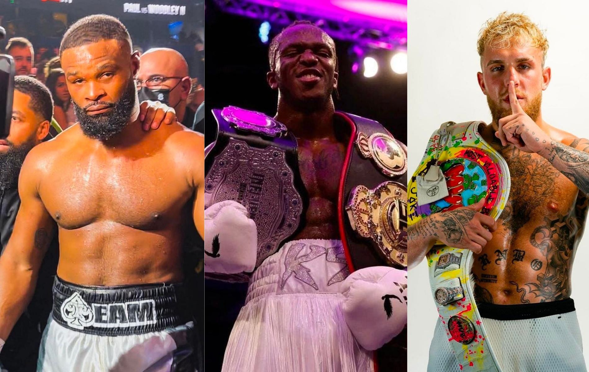 Tyron Woodley(Left), KSI(Center), Jake Paul(Right) (Images via Instagram: @therealest, @ksi, @jakepaul)