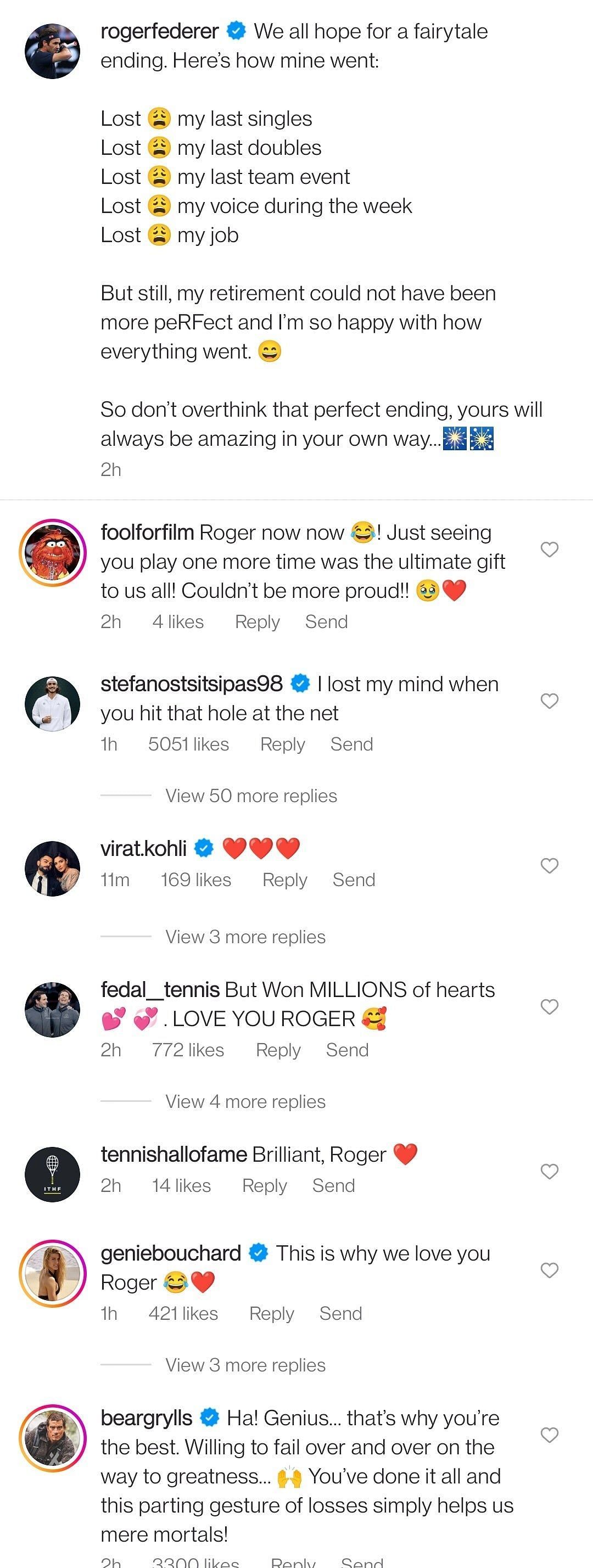 A number of sportspeople responded to Roger Federer's recent retirement post