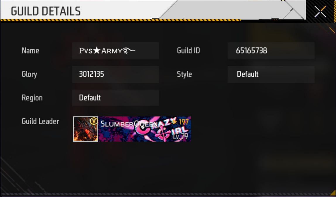 PVS Army&#039;s guild details (Image via Garena)