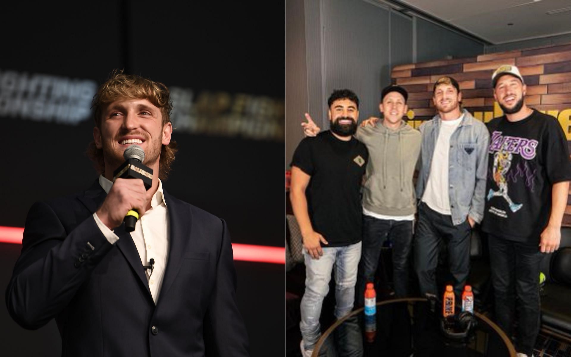 Logan Paul (left) and Roman Atwood with the the crew of the Impaulsive podcast (right) (Image credits Getty Images and @impaulsive on Twitter)