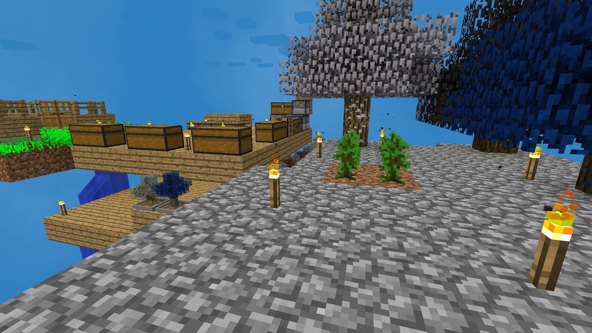 An early modded skyblock base, with water flowing down to catch falling players (Image via Minecraft)