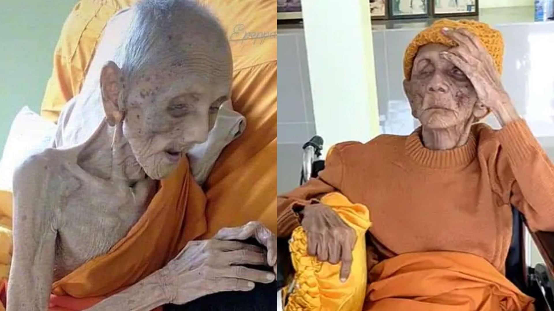 Photos of a man who has been rumored to be a 209 year old Tibetan monk. (Images via @BhattiSaaaaab/Twitter and @auyary13/TikTok)