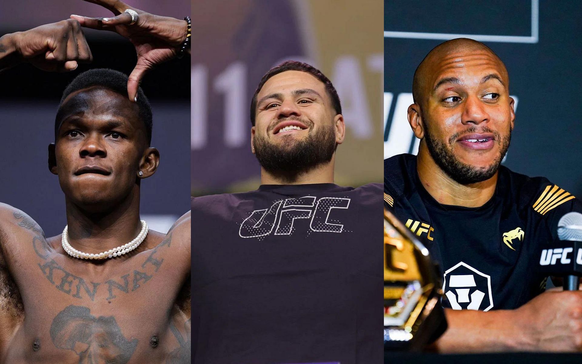 Israel Adesanya (left) explains how Tai Tuivasa (center) could pull off a surprise win against Ciryl Gane (right) at UFC Paris