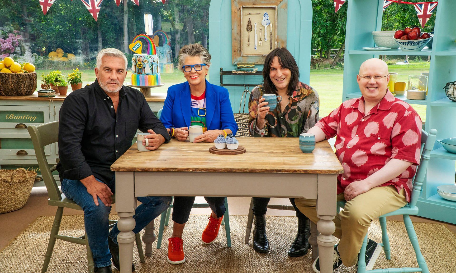 Judges Paul Hollywood and Prue Leith with hosts Noel Fielding and Matt Lucas on The Great British Baking Show (Image via Channel 4)