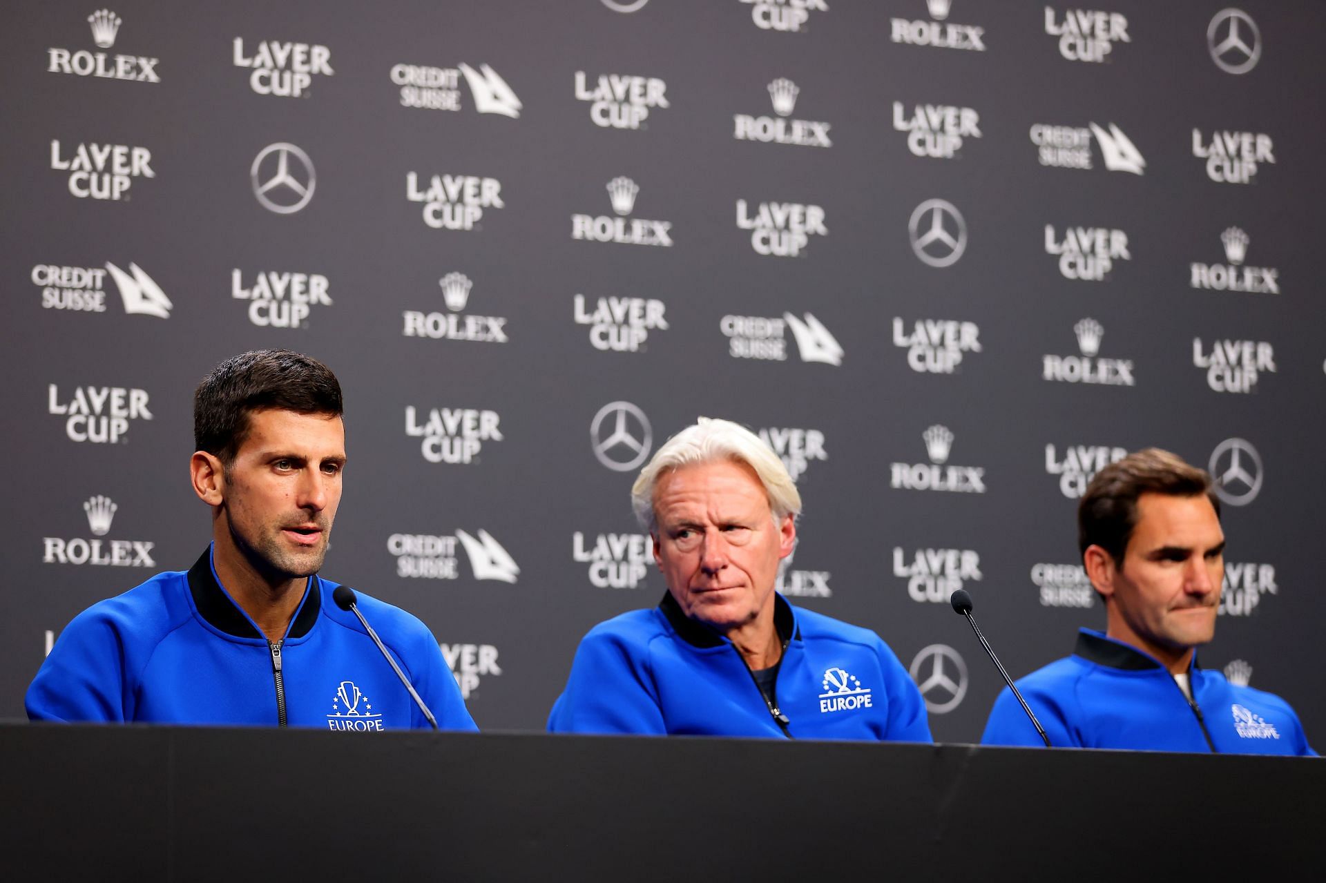 Novak Djokovic, Bjorn Borg and Roger Federer of Team Europe at the Laver Cup 2022 - Day Three
