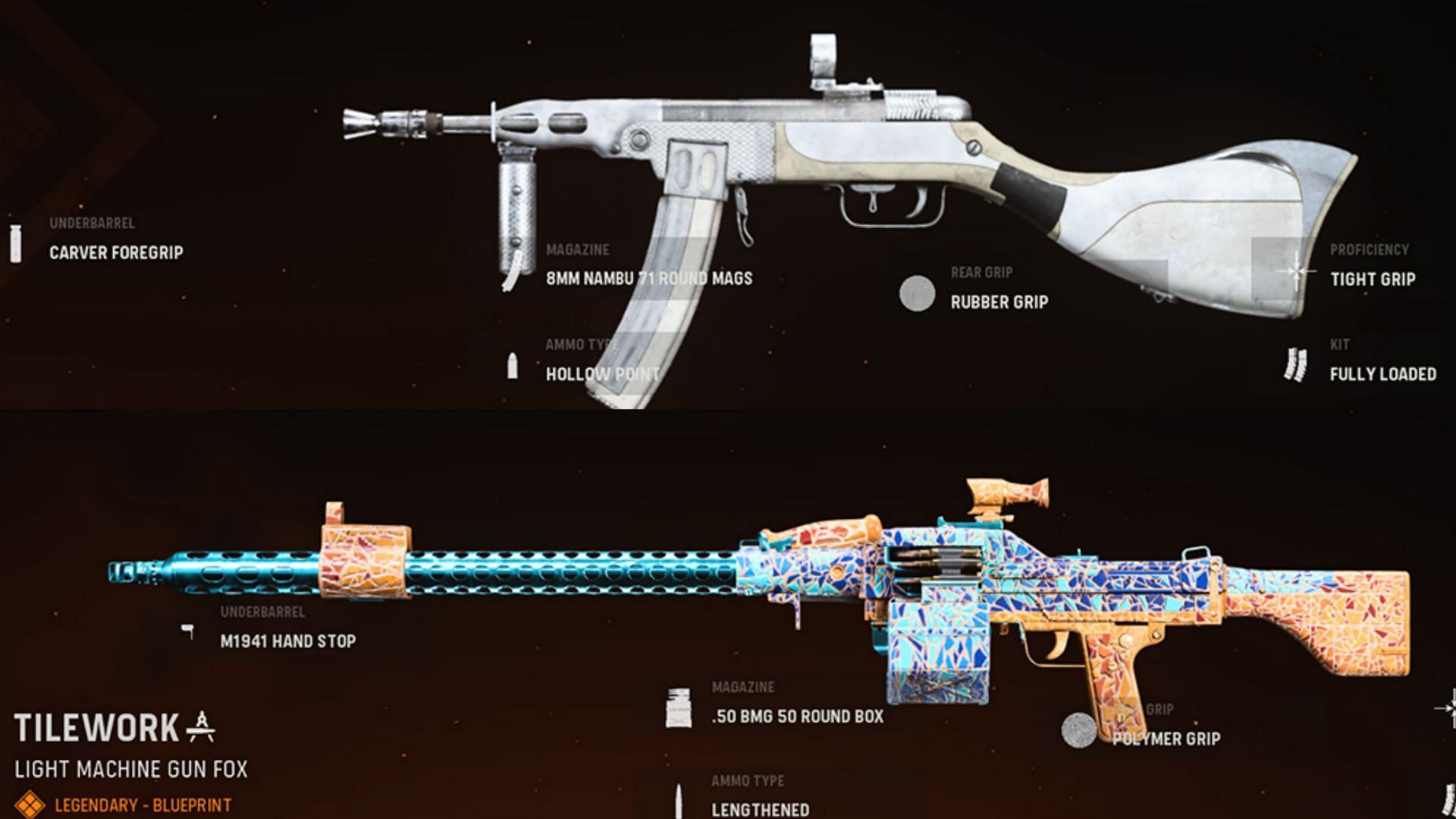 Some available blueprints for Vanguard PPSh-41 and UGM-8 in-game (Image via Warzone / Activision)