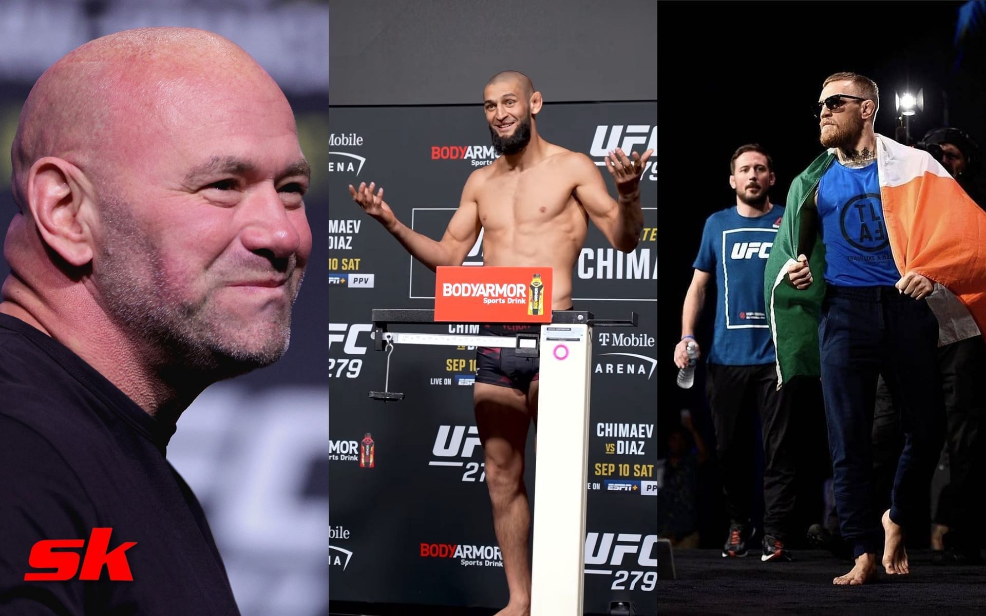 Dana White (left), Khamzat Chimaev (center - via UFC