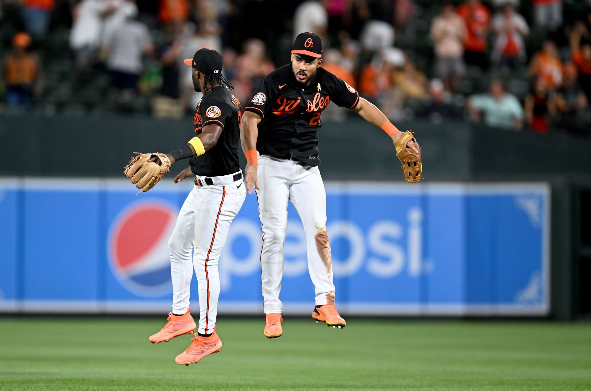 Orioles celebrate after a victory.