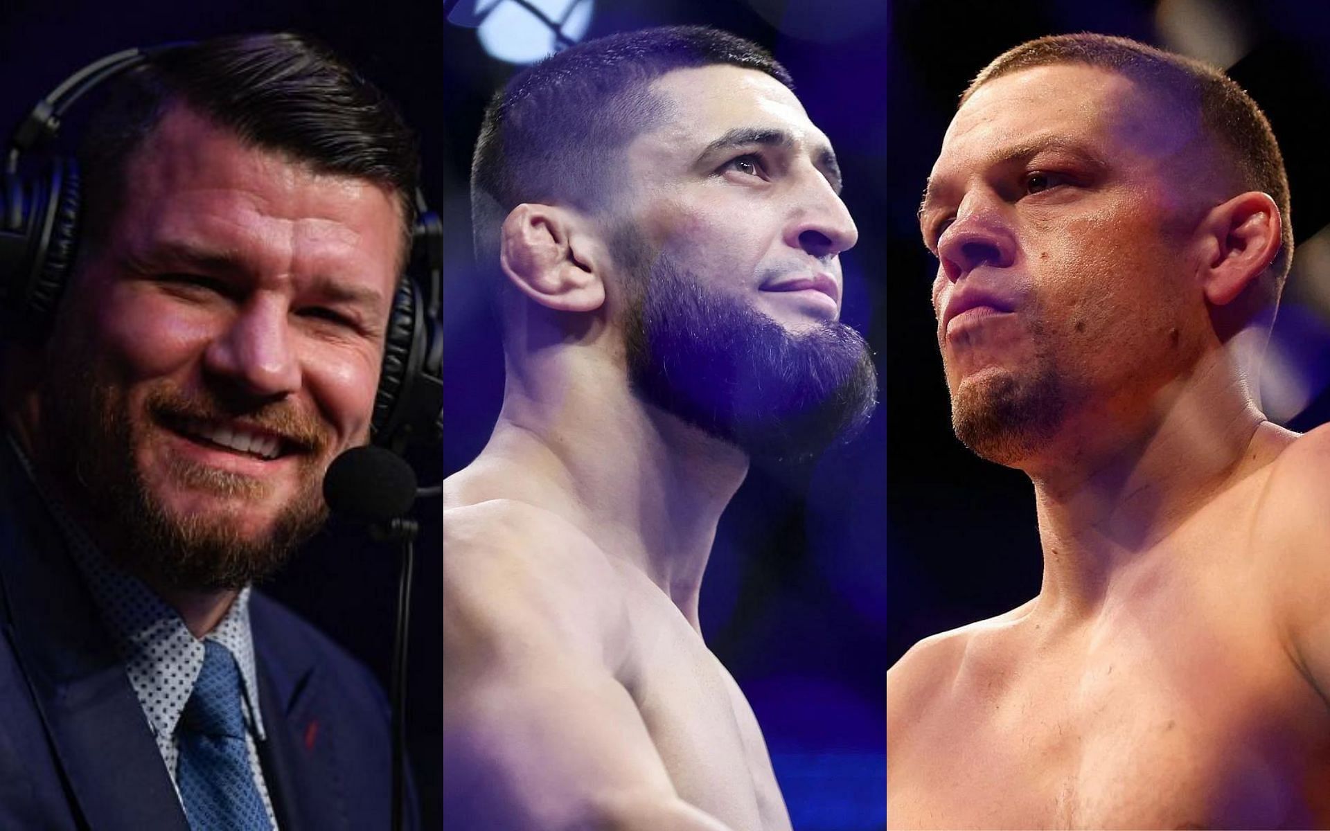 L-R: Michael Bisping, Khamzat Chimaev, and Nate Diaz