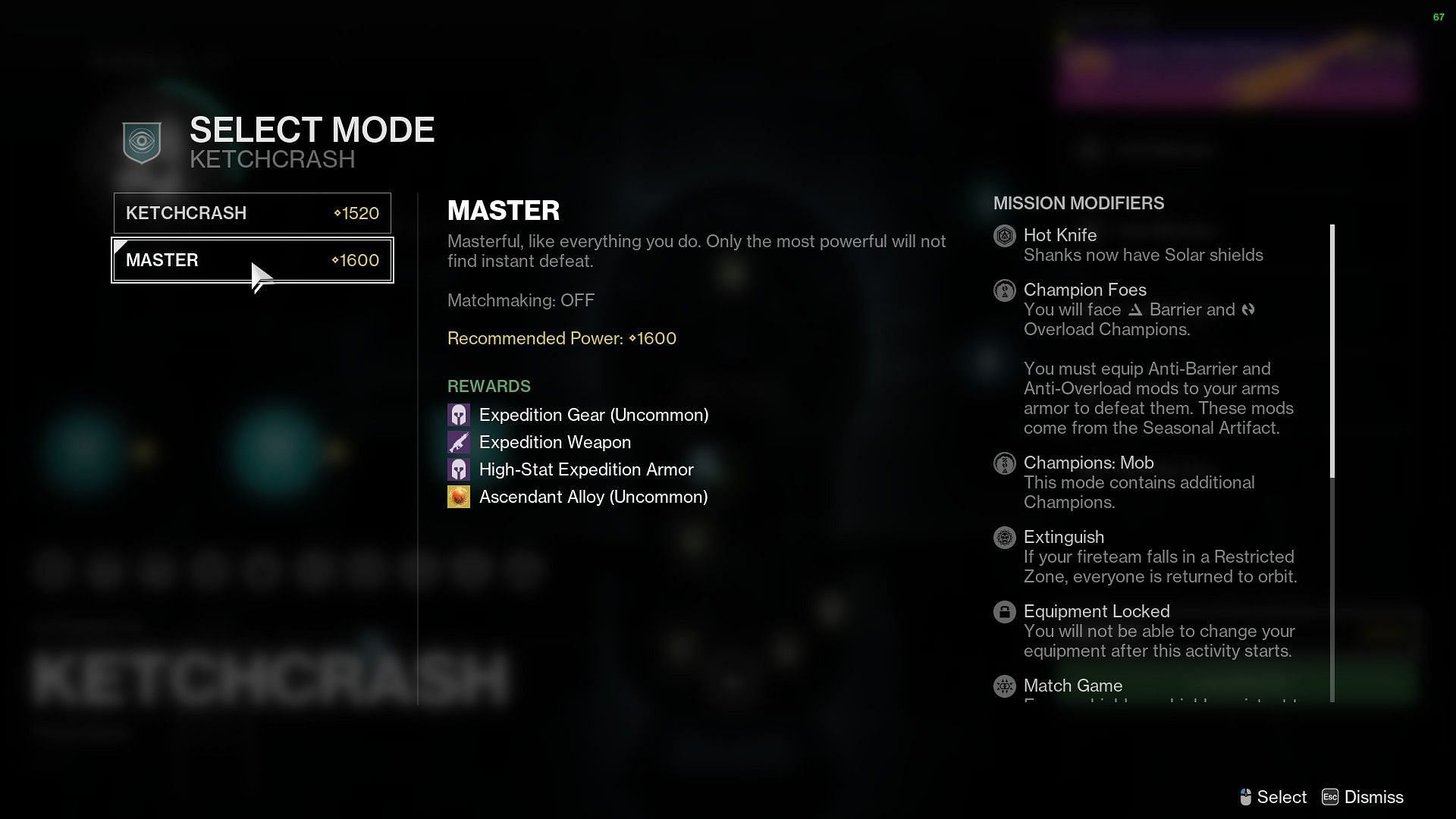 Ketchcrash activity on Master (Image via Destiny 2)