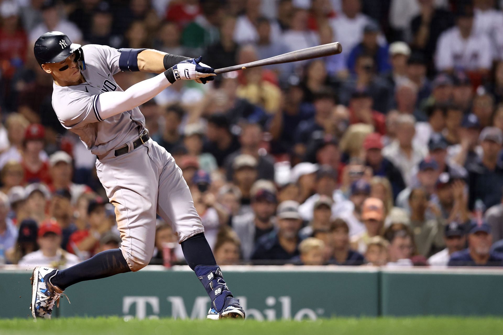 Aaron Judge hits a home run against the Boston Red Sox during the eighth inning at Fenway Park.