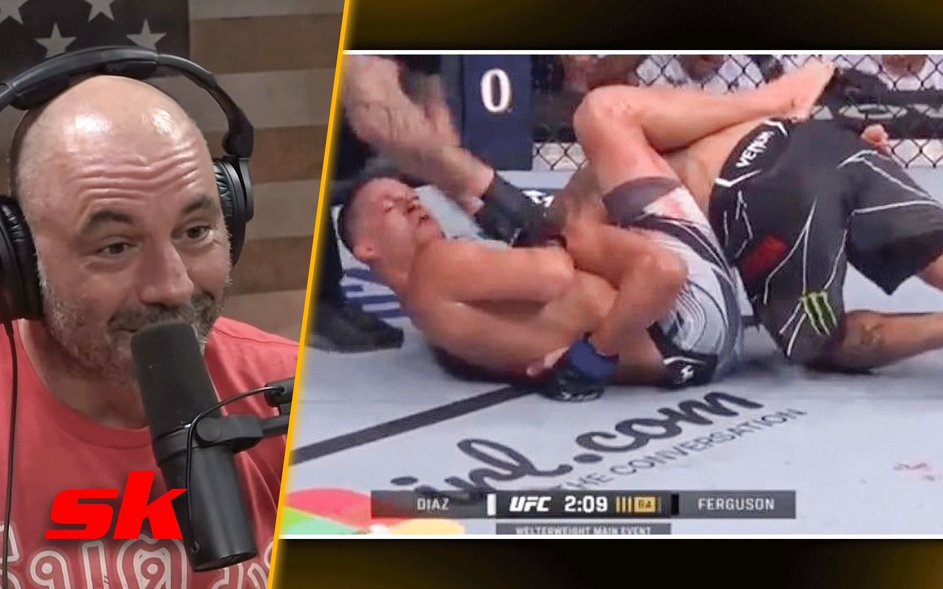 Joe Rogan reacts to Nate Diaz submitting Tony Ferguson precisely at 2:09 mark of R4 [Images via JRE Clips │YouTube and @mmamania Twitter]