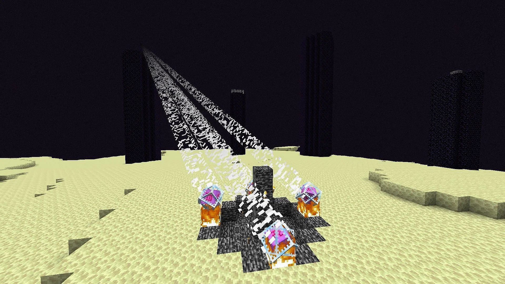 Four end crystals summoning a new Ender Dragon in Minecraft (Image via Mojang)