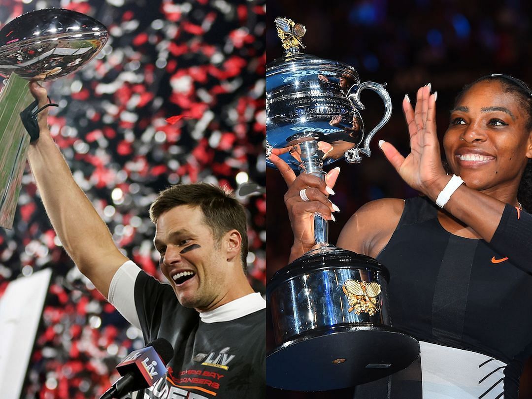 Brady with the Lombardi Trophy (l) and Williams with the Australian Open trophy (r)