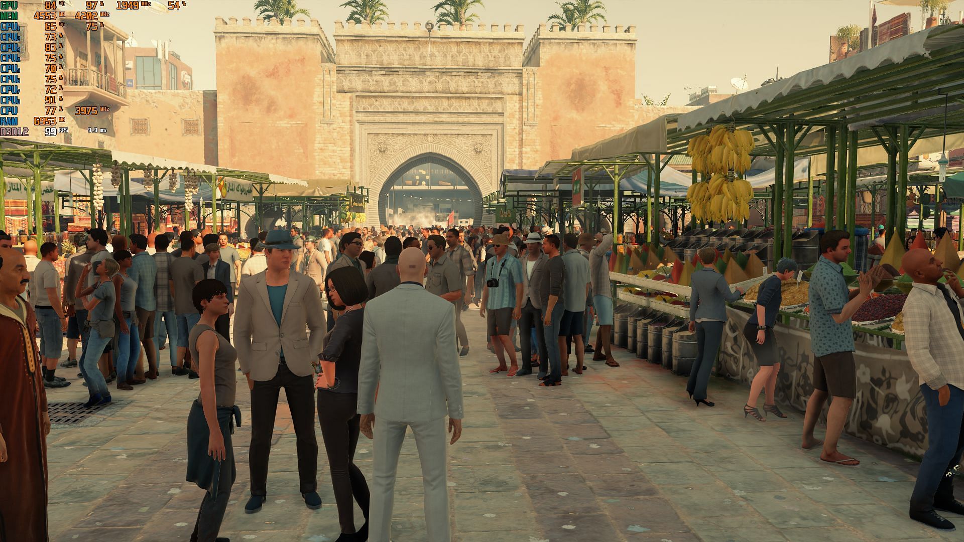 Agent 47 at Marakesh, Morocco during the Gilded Cage mission in Hitman 2 ( Image via IO Interactive)