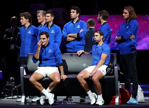 Team Europe pictured during Roger Federer's farewell at the 2022 Laver Cup.