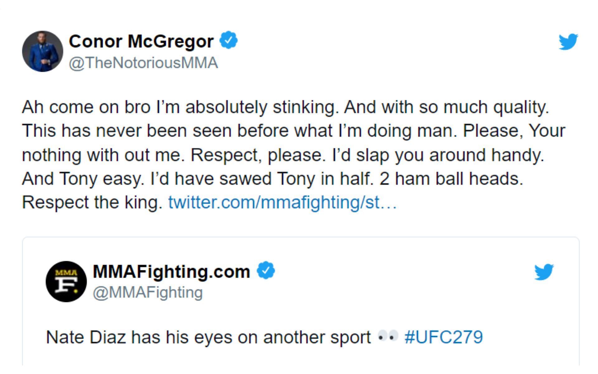 Conor McGregor's deleted tweet.