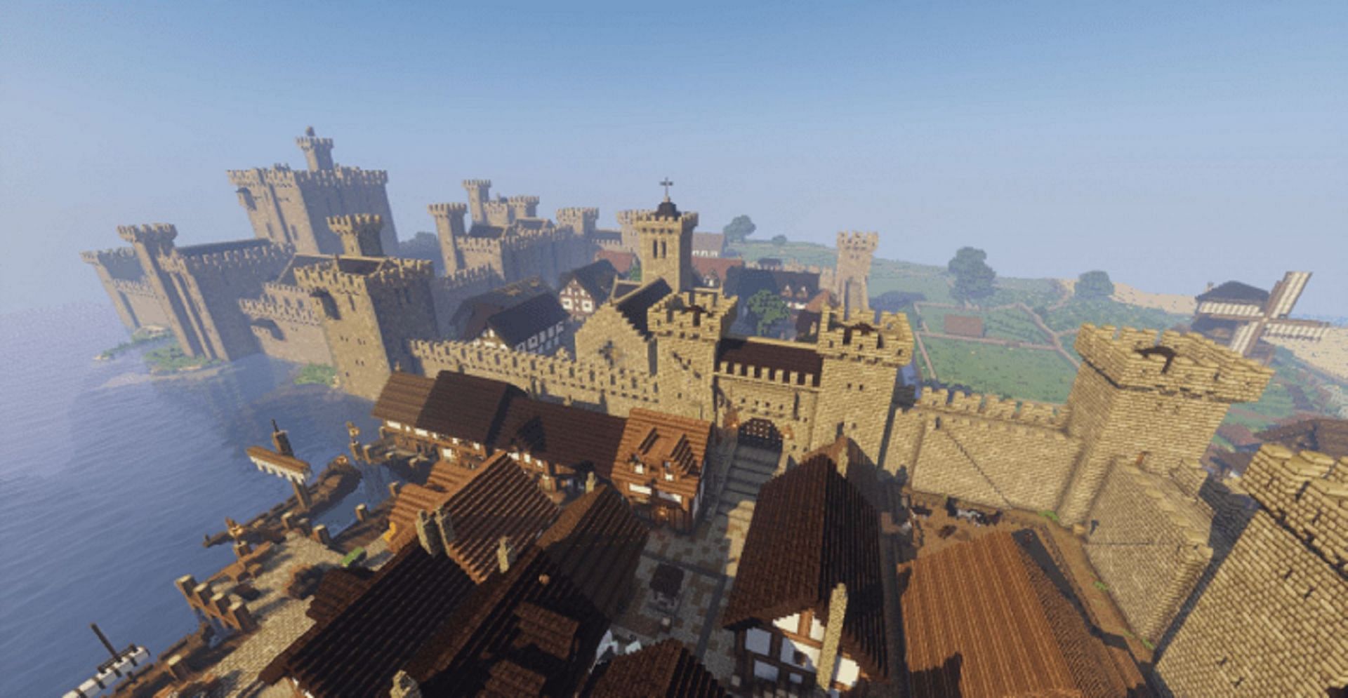 A medieval castle complete with its own interior town (Image via Minecraft Builders Inc.)