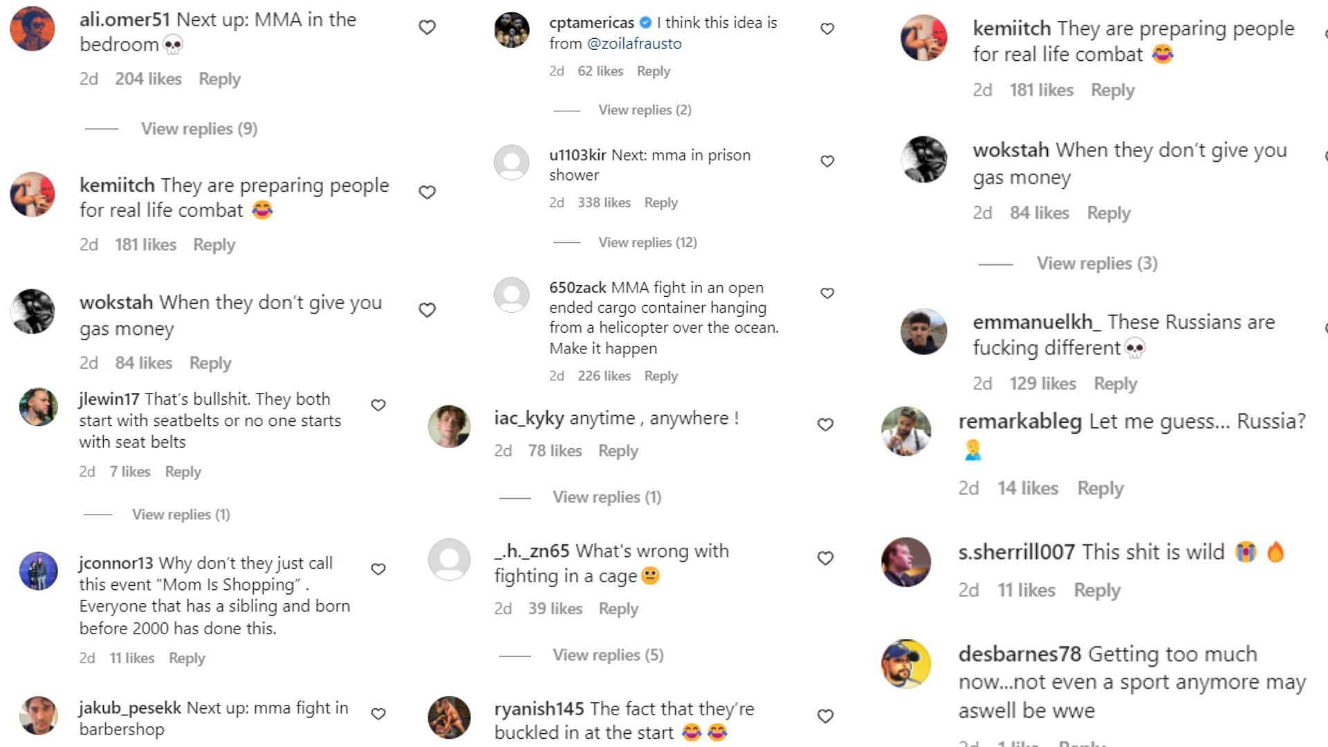 Instagram commenters react to Russian fighters competing inside a car