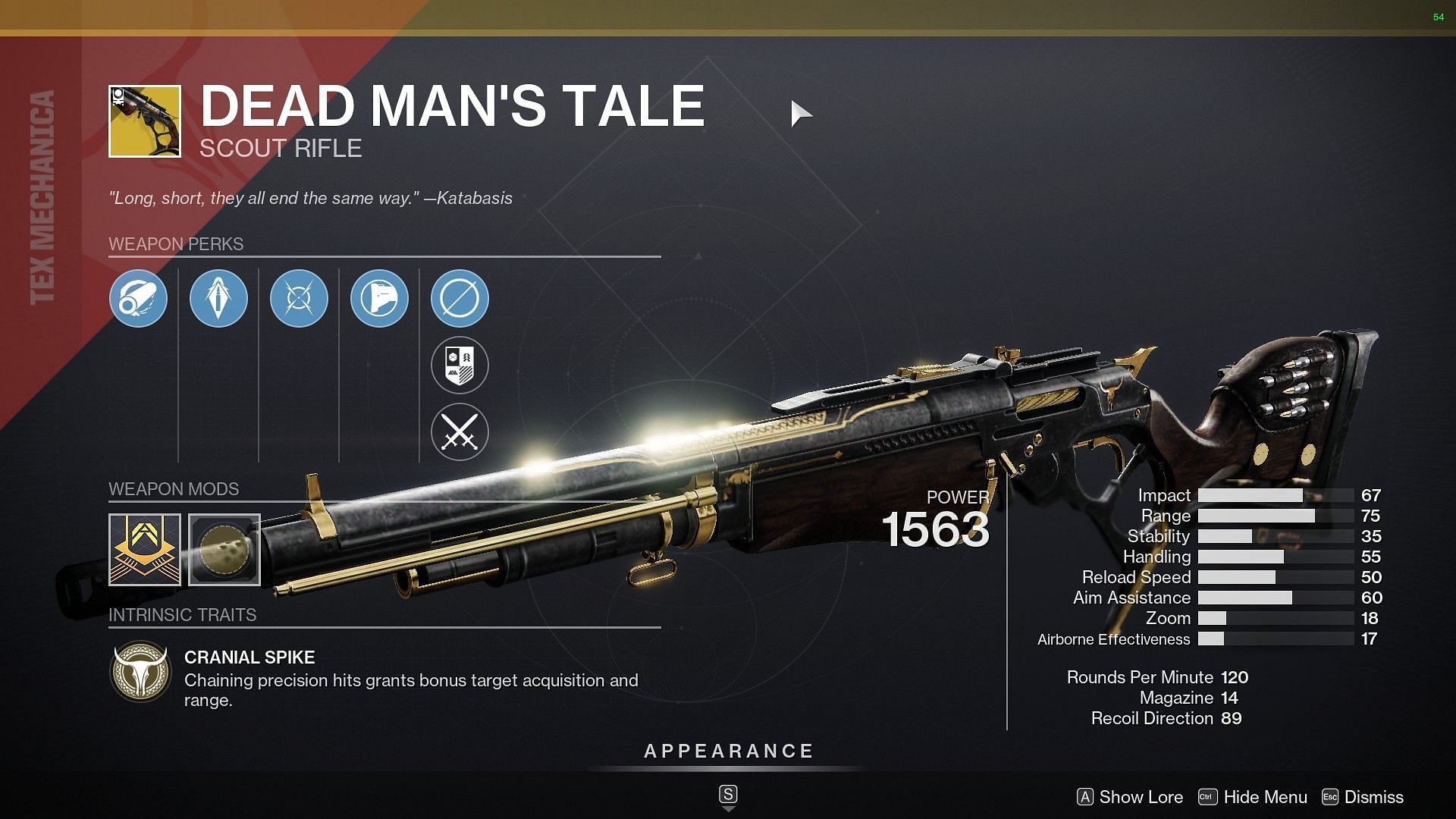 Dead Man&#039;s Tale Scout Rifle on Xur this week (Image via Destiny 2)