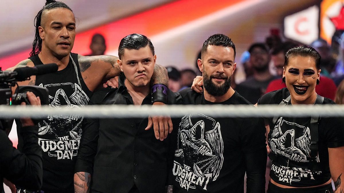 Damien Priest, Dominik Mysterio, Finn Balor, and Rhea Ripley (left to right) of Judgment Day