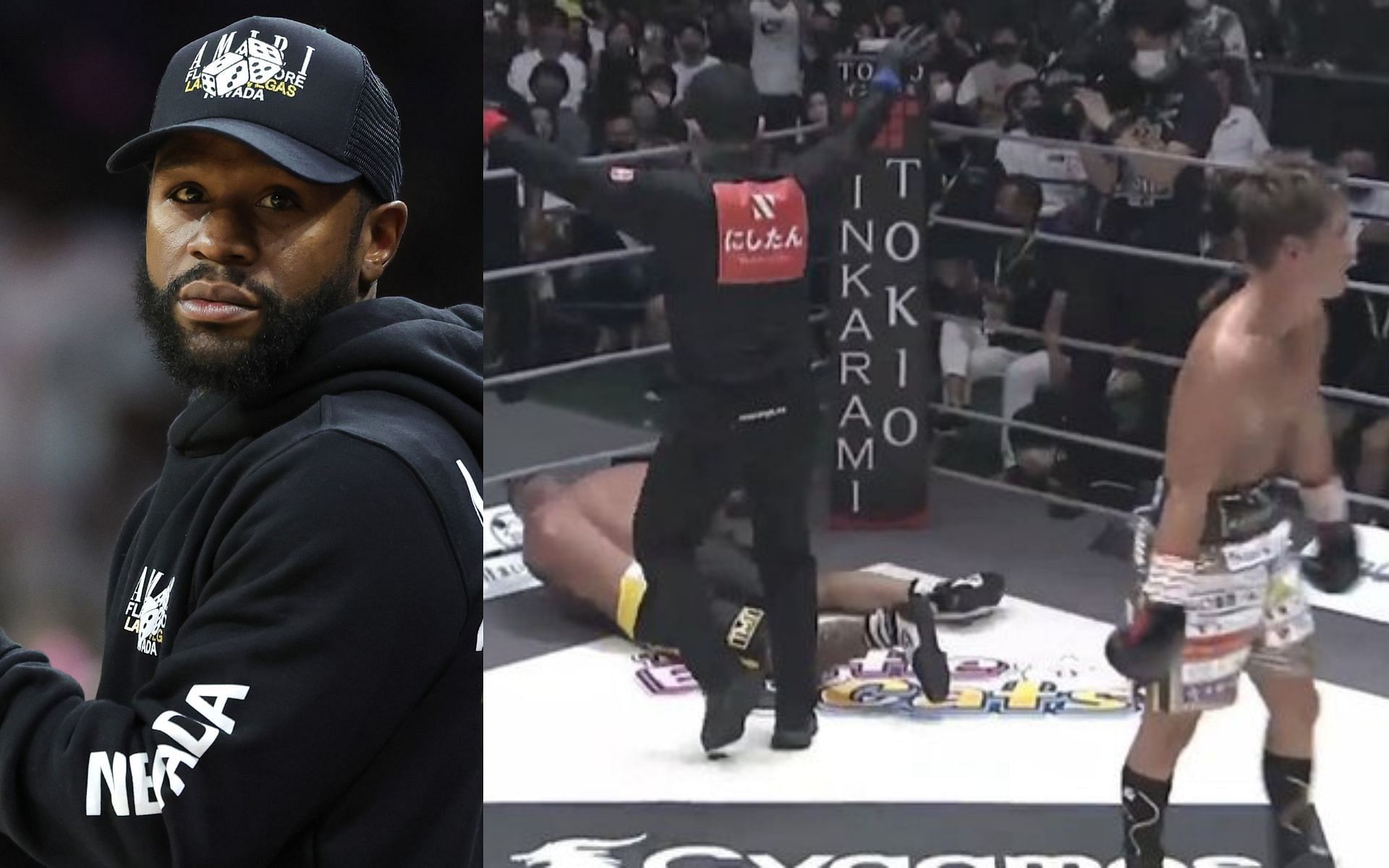 Floyd Mayweather (left) and Jizzy Mack on the floor after getting knocked out by Koji Tanaka (right) (Image credits Getty Images)